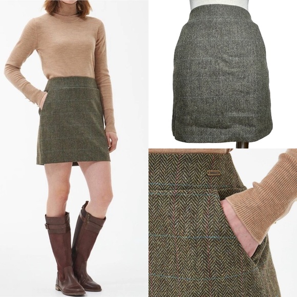 Barbour Wool Tweed Birch Mini Skirt w/ Pockets Fully Lined Windsor Olive Sz 4 - Picture 1 of 14